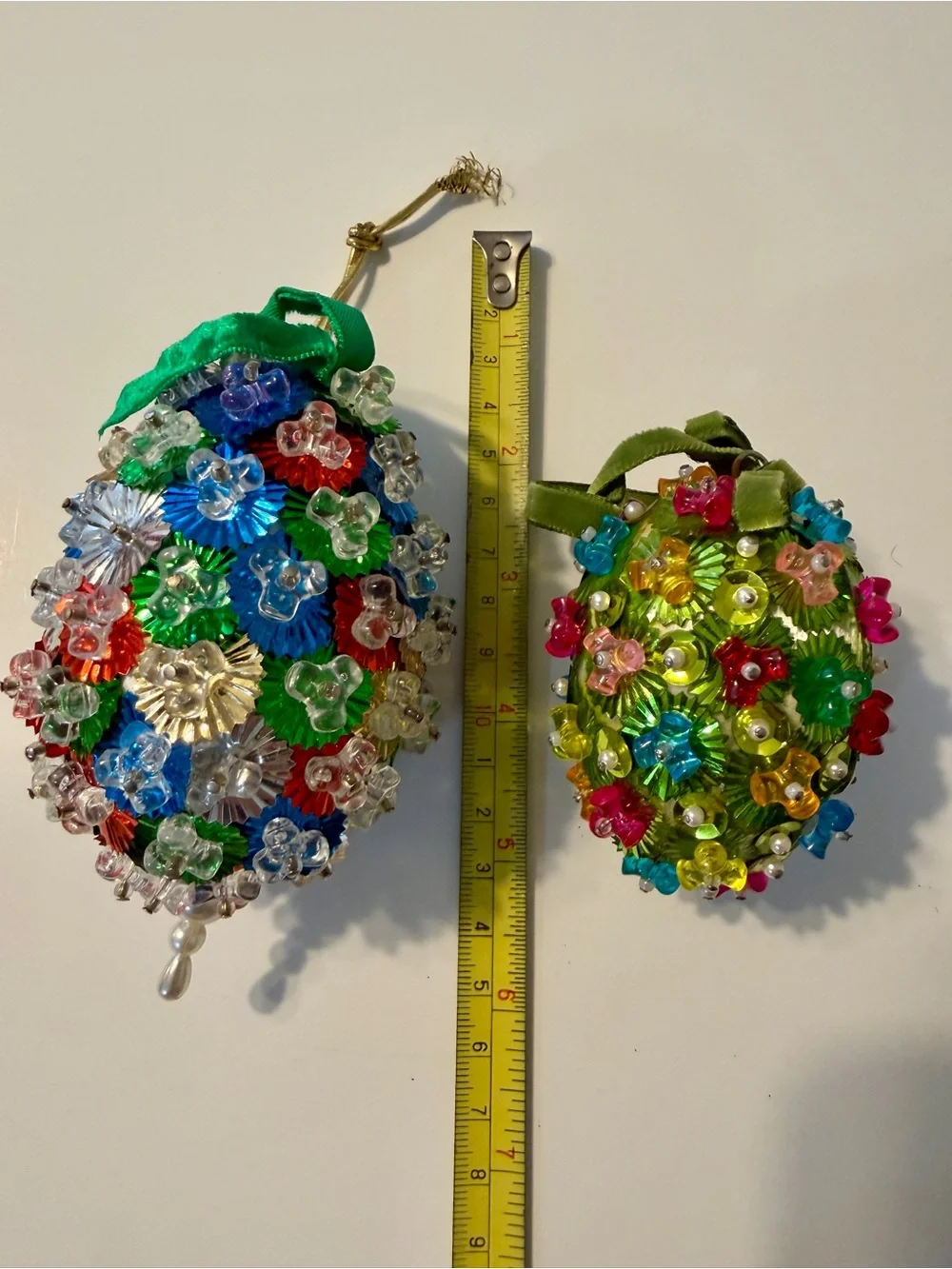 2 Vintage Christmas Beaded Sequin Egg Ornaments Multicolor Floral Retro Hanging